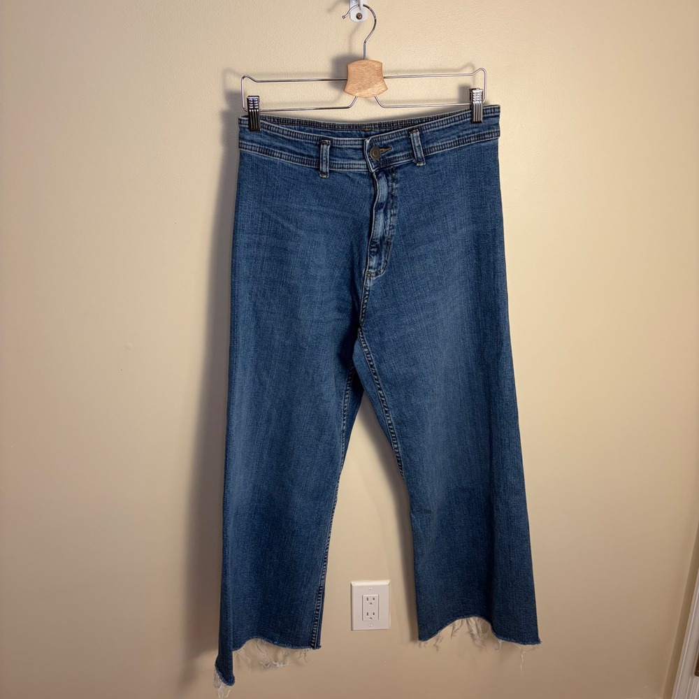 Zara Jeans Women Size 12 Blue High Waisted Wide Leg Raw Hem Denim Trousers - Picture 5 of 7